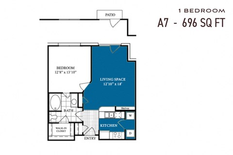 Floor plan for 1 bed, 1 bath, 696 sqft